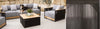 Outdoor furniture set with gray cushions and a wooden table, next to a close-up of a radiator.